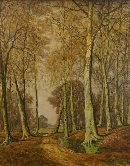 David Mead (1906-1986), oil on board, Autumnal woodland landscape, 58 x 48cm. Condition - good